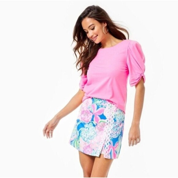 Lilly Pulitzer Elisabette Top Prosecco Pink Ruched Sleeve Women's Size Medium Ne - Picture 2 of 6